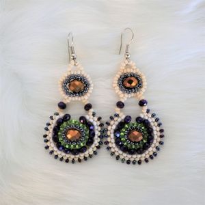 NEW Beautiful Beaded Earrings Green Gold Purple